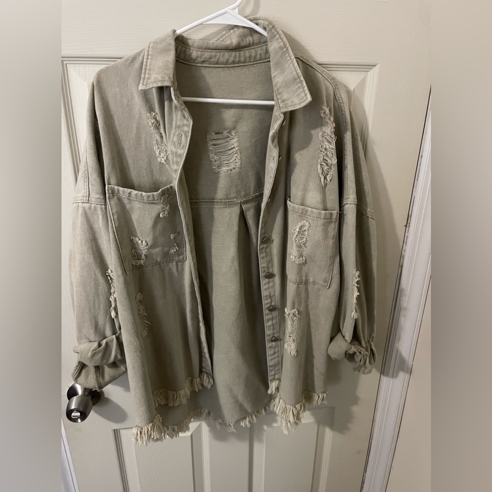Cream/ tan button up ripped / frayed jacket